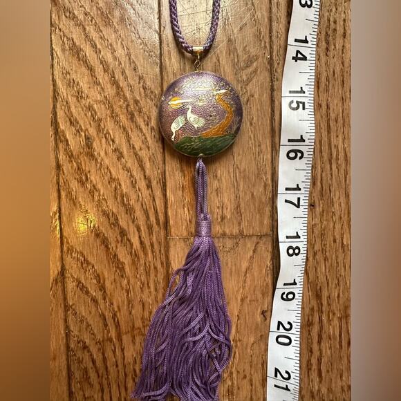 Vintage Freirich Cloisonné Purple Crane Sakura Tree DBL sided Pendant Necklace - Picture 8 of 11